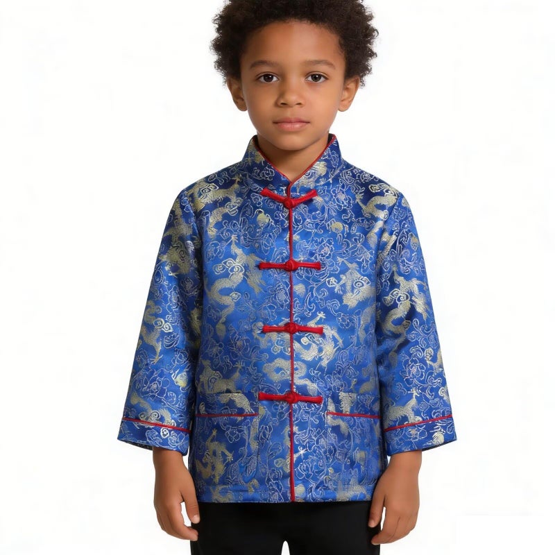 SZCQ Little Boys Dragon Tang Coat Long Sleeve Chinese Clothing Children Costumes Boy Jackets Outfit Tops (Blue, 10) - Image 5